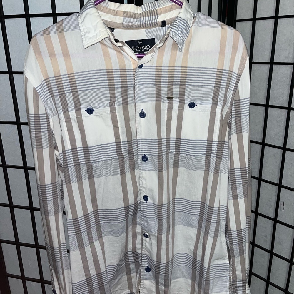Buffalo David Bitton Casual Button Down Shirt White and Tan